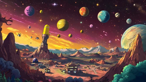 Colorful alien valley unfolds beneath a crowded cosmic sky