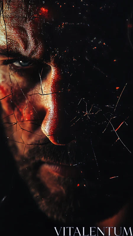 Half-lit warrior stares through cracked night and burning dust