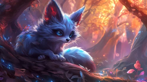Mystic blue fox spirit resting in luminous autumn forest.