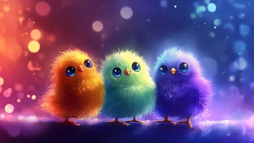 Three Adorable Fluffy Birds in Vibrant Digital Art Style.