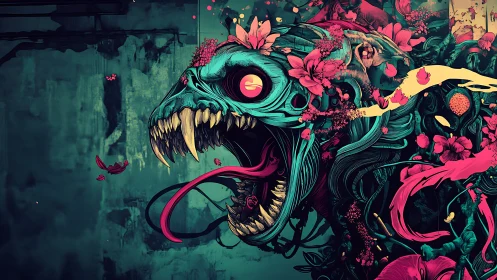 Floral serpent skull erupting in neon surreal chaos.
