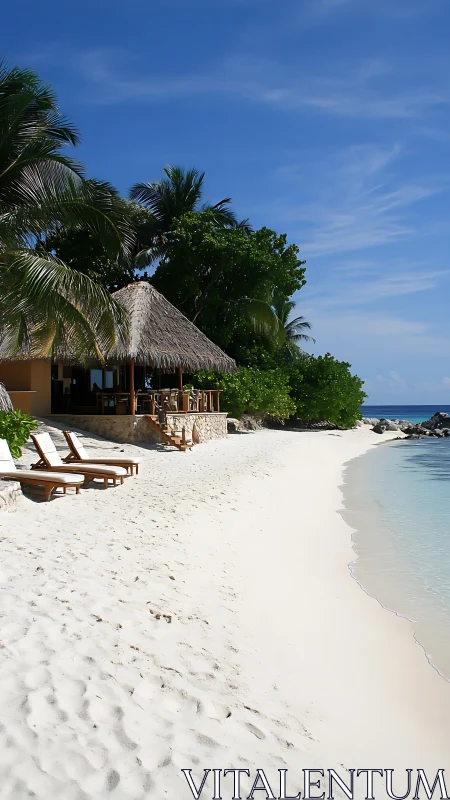 Tropical Beach Bungalow with Thatched Roof Overlooking Clear Waters.