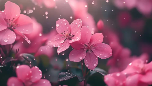 Pink Blossoms Dancing in Dewdrops.