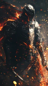 Armored warrior figure surrounded by fire and embers.