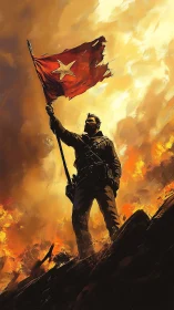 Revolutionary soldier holding tattered red star banner.