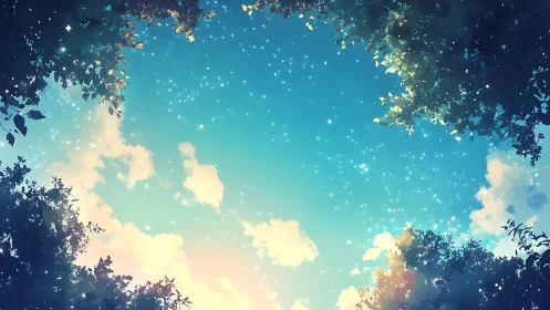 Dreamy forest window opening into a glittering sky.