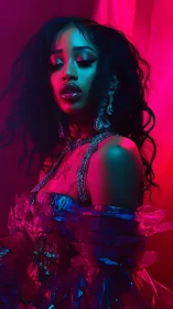 Woman poses in neon pink and teal cinematic studio lighting