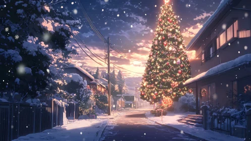 Snowy residential street with tall decorated Christmas tree.
