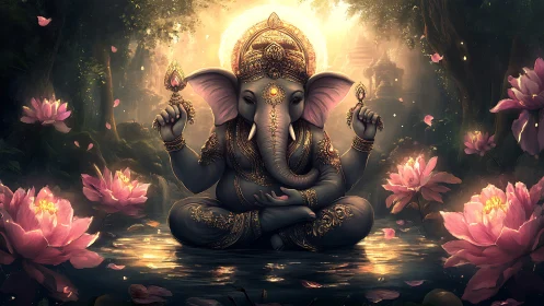Divine Ganesha figure rendered in luminous lotus pond with ornate detailing