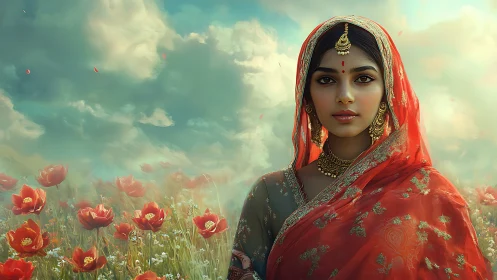 Portrait of a sari-clad woman in a luminous floral landscape