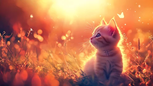 Golden hour kitten watches a gentle butterfly drift by