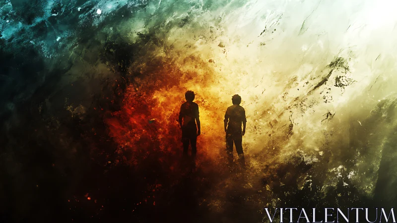 Two silhouettes stand between fire and light in swirling storm.