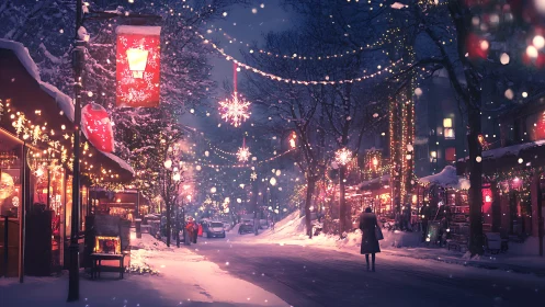 Snowy holiday street glows with warm festive lantern light.