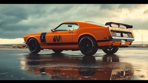 Photorealistic classic muscle car profile on wet coastal asphalt.