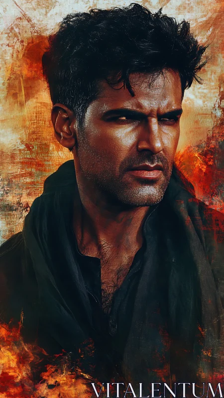 Intense male portrait against textured fiery abstract backdrop.