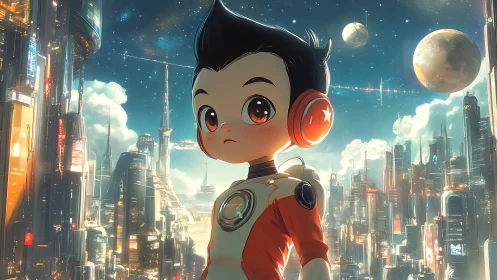 Young space explorer stands above glowing futuristic city