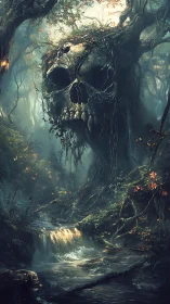 Skull-shaped arboreal colossus above misted forest stream