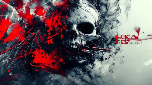 Ink smoked skull erupts in crimson chaos and digital fury.