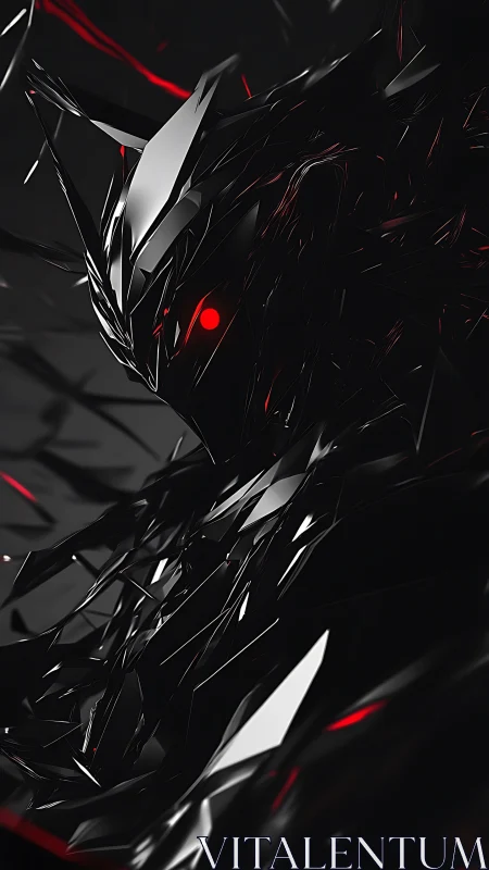 Dark angular mech figure with red eye on black background.