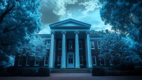Neoclassical mansion glows in surreal cyan twilight aura.
