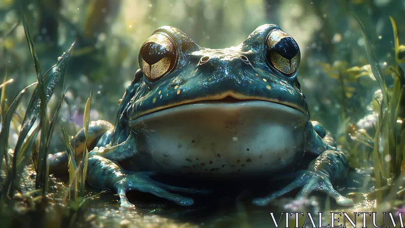 Photorealistic emerald frog resting in glowing wetland.