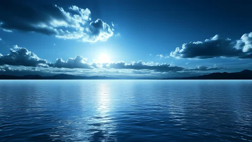Calm blue seascape with distant mountains and bright sun.
