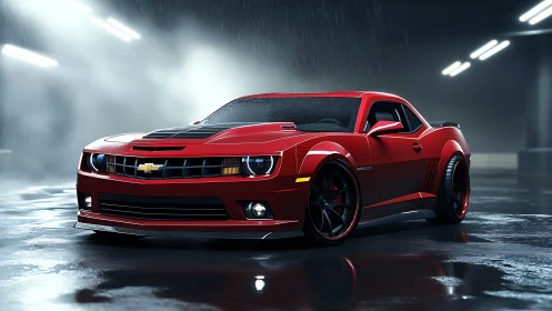 Red Chevrolet Camaro muscle car in wet neon-lit parking structure