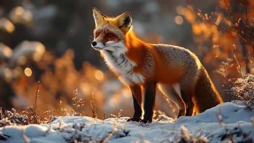 Fox in golden winter light watching the quiet forest.