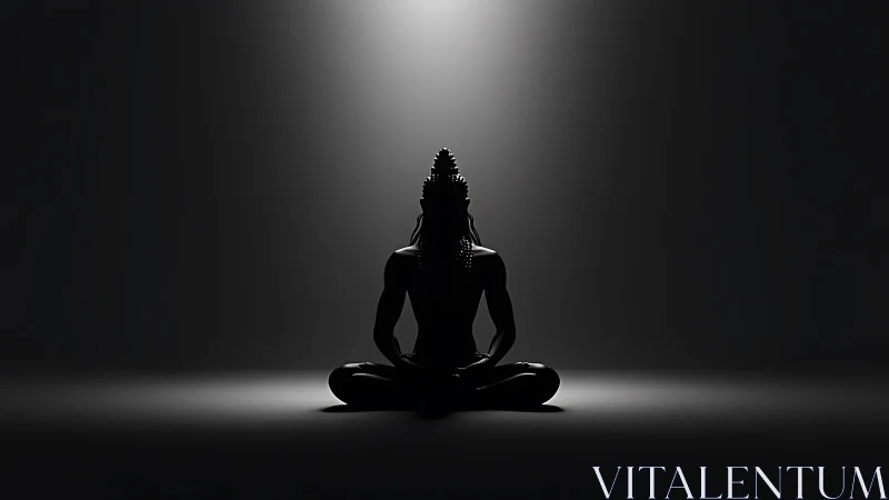 Silhouette of seated figure meditates under narrow spotlight