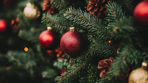 Red Christmas bauble hangs on dense evergreen tree branches