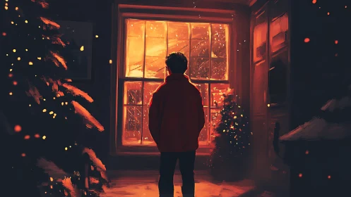 Figure at window observing winter night illumination.