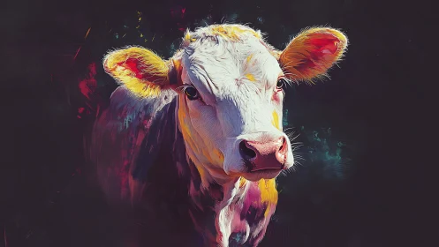 Vibrant bovine portrait with neon brushwork on deep black.