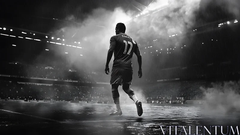 Backlit soccer player strides through rain-soaked stadium haze
