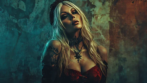 Gothic blonde portrait under dramatic teal and amber light.