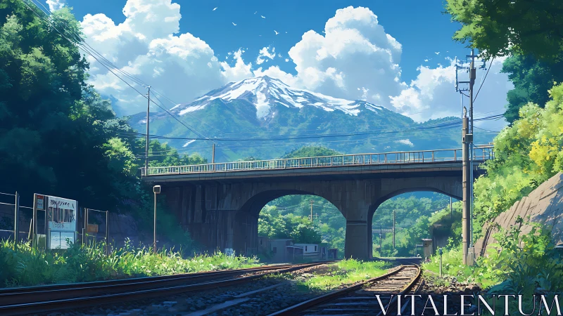 Peaceful mountain railway under bright summer skies.