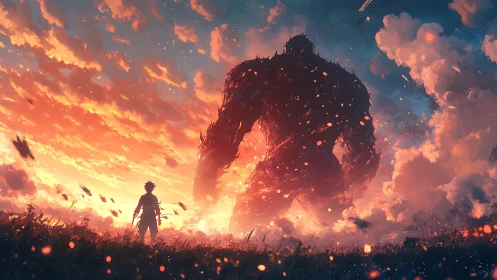 Silhouetted human facing giant creature at burning sunset.