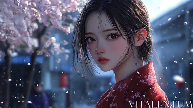 Girl in red kimono under soft falling cherry blossoms.