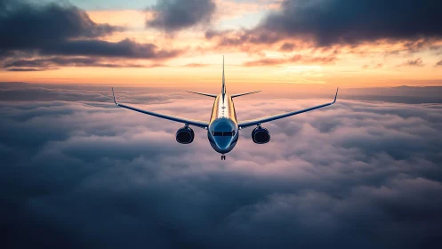 Passenger jet flying above clouds at vivid sunset sky.