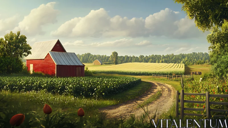 Rural farmstead with red barn, crop fields and dirt access road