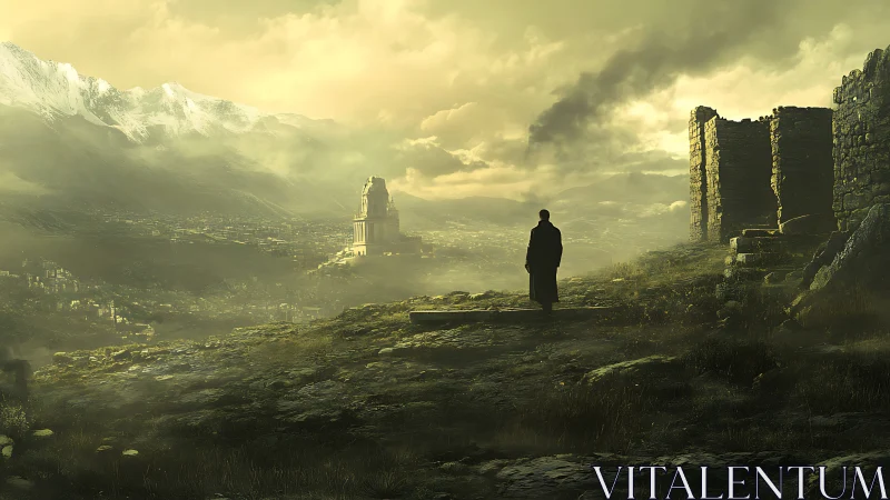 Solitary figure overlooking ruined citadel in misty valley