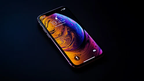 Sleek smartphone glows with vibrant abstract lock screen art
