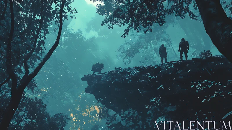 Rain-soaked soldiers exploring misty forest cliffside vista.