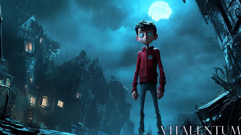 Animated boy in rainy moonlit alley with ruined buildings.