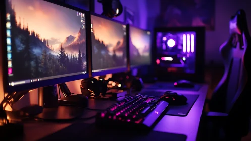 RGB-lit dual-monitor gaming workstation with cinematic glow.