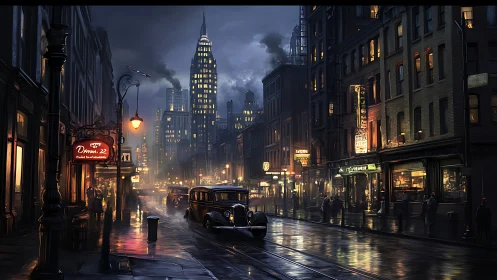 Noir city street glows under rain-soaked evening lights.