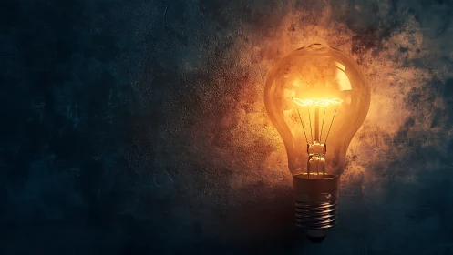 Illuminated tungsten bulb is mounted before textured wall