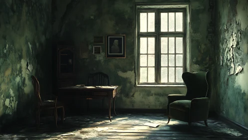 Decayed interior with desk, armchair and tall window.