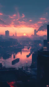Sunset-lit industrial river city glows in misty evening.