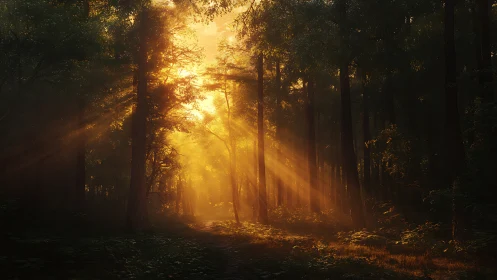 Golden Sunrise in Dense Forest with Dramatic Light Rays.