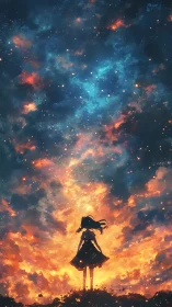 Girl silhouetted against blazing cosmic sky of stars and fire.
